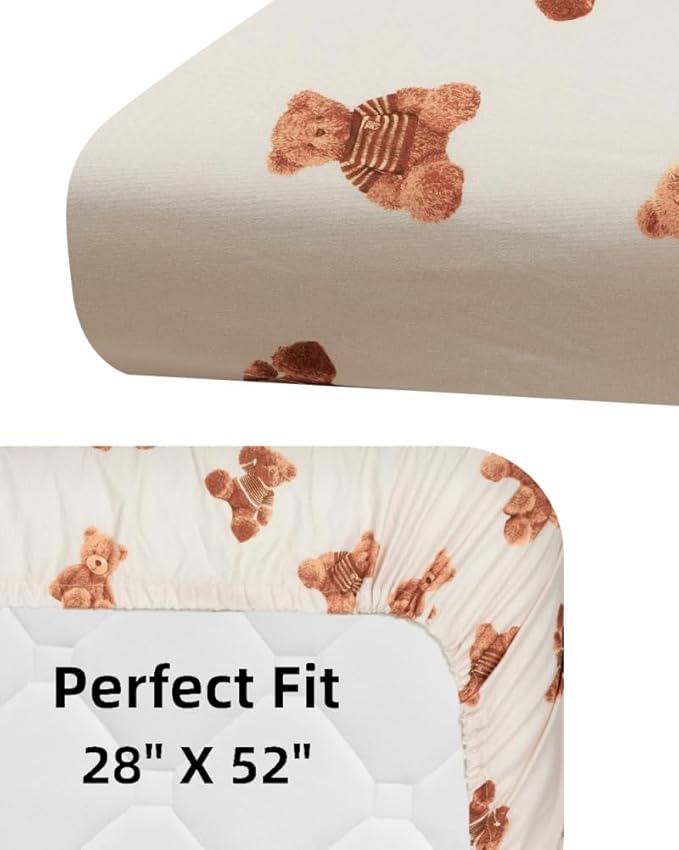 Fitted Baby Neutral Crib Sheets Bear and Buffalo Check Plaid Breathable Unisex Baby Standard Crib Sheet Set for Boys or Girls