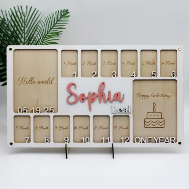Custom My First Year Photo Frame – Wooden Baby Picture Frame for 1st Birthday Girl Gifts, Personalized Photo Display Board, One Year of Baby Picture Board, First Birthday Decorations
