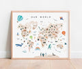 OZCONO Animal World Map Poster, Kids Educational Geography Decor, Safari Animals Nursery Art, Montessori Learning Wall Print (Unframed) (11x14)