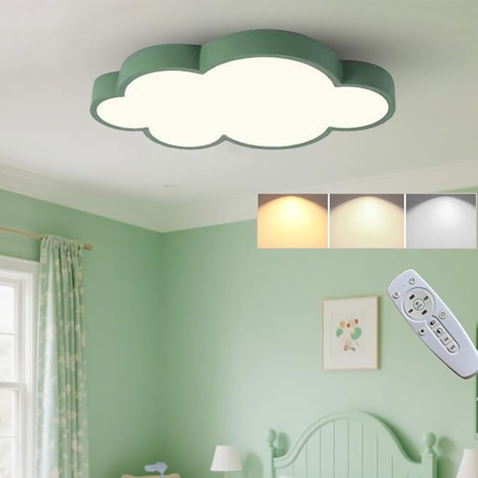 DELIPUSIH Cloud Shape LED Ceiling Light, 48cm, 36W, 3 Color Modes with Remote Control, Dimmable, Green Children's Room Ceiling Lamp