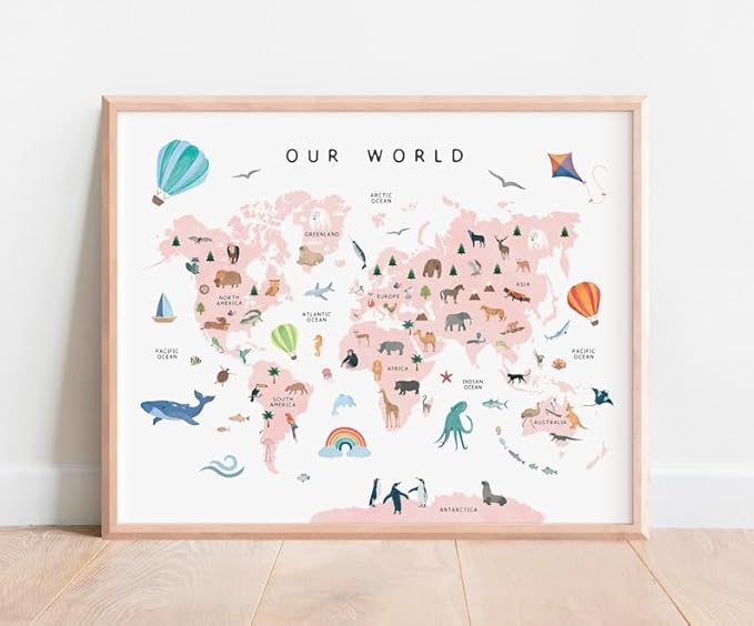 OZCONO World Map Learning Poster, Colorful Animal Chart Kids, Preschool Wall Decor Art, Homeschool Education Guide (Unframed) (20x30)
