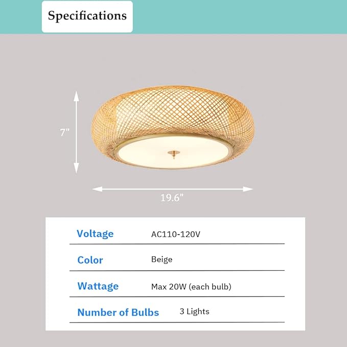 Bamboo Flush Mount Ceiling Light Handwoven Rattan Light Fixture, 3 Lights Boho Ceiling Lamp for Bedroom, Kitchen, Nursery (19-inch)