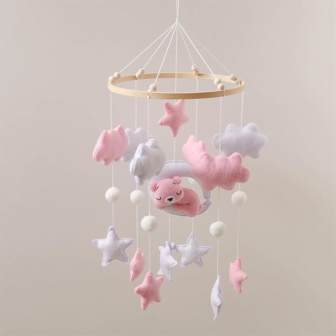Baby Crib Mobile - Sleeping Bear Mobile for Crib, Felt Cloud Stars Nursery for Boys and Girls, Baby Nursery Hanging Decor (C)