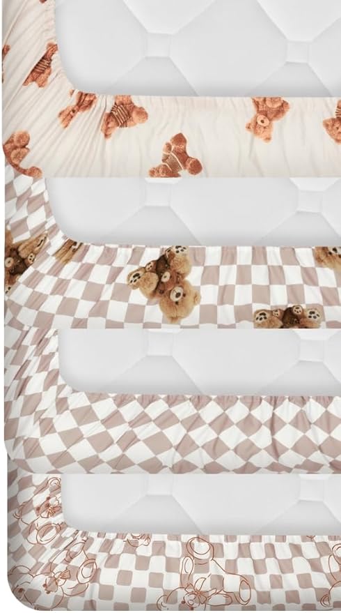 Fitted Baby Neutral Crib Sheets Bear and Buffalo Check Plaid Breathable Unisex Baby Standard Crib Sheet Set for Boys or Girls
