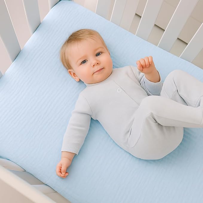 Extra Soft Muslin Fitted Crib Sheets 100% Organic Cotton Baby Crib Sheets for Standard Crib Mattress | 28 X 52 Inches (Blue)