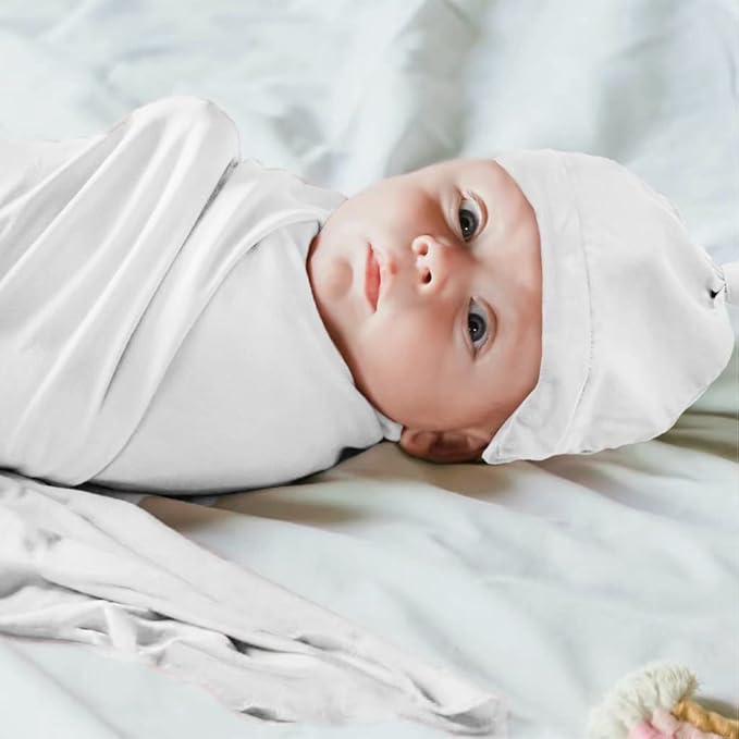 Newborn Swaddle Blanket with Hat Set Baby Swaddle Set Hospital Receiving Blankets for Girls Boys(Ivory,35"*35")