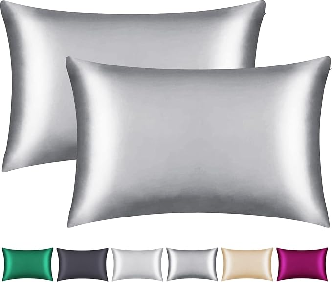100% Mulberry Silk Pillowcase 2 Pack for Hair and Skin,with Hidden Zipper,Both Sides 22 Momme Natural Silk Pillow Cover,Soft Breathable & Smooth (Gray, Queen)