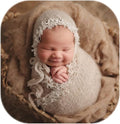 Newborn Infant Baby Boys Girls Photography Props Mohair Hat Wrap Blanket Cloth Set (Creamy-White)