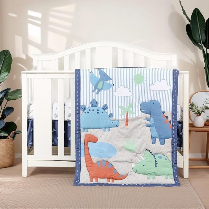 Blue Dinosaur Crib Bedding Set for Baby Boy, 3 Pieces Nursery Set Including Quilt/Fitted Sheet/Crib Skirt