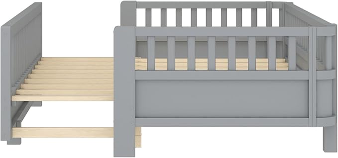 KEIKI Solid Wood Expandable Twin XL Size Floor Bed for Kids with Guardrails, Can Be Converted into a Queen Bed Platform, Montessori Low Profile Bedframe Daybed for Girls Boys, No Box Spring Needed