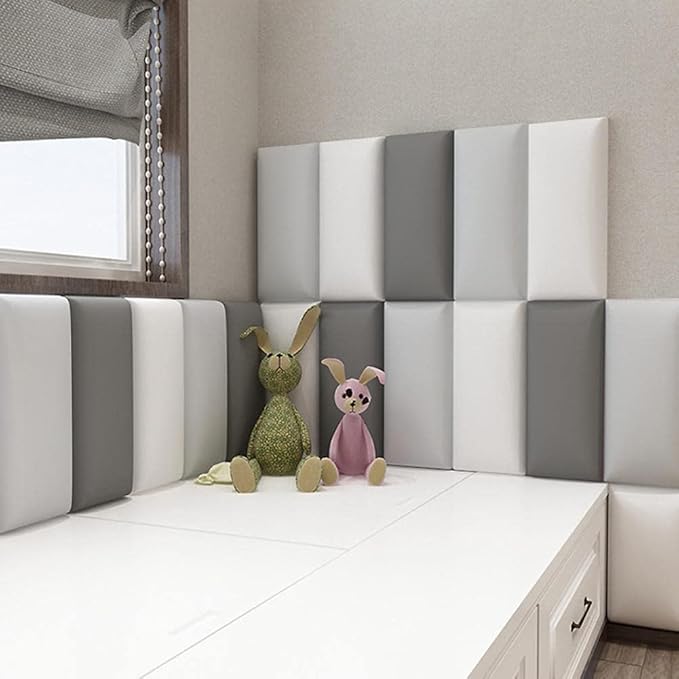 3D Anti-Collision Wall Padding for Kids, Peel and Stick Upholstered Wall Panels, Queen Headboard, Playroom Decorative Protection Panel, Pack of 2 Panels Sized 23.6” X 11.8” (Light Grey)