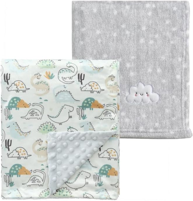 CREVENT 2Pcs 30''X40'' Cute Cozy Fluffy Warm Baby Blankets for Infants Toddlers' Bedding Crib Cot Stroller - Grey Cloud + Minky Dinosaur