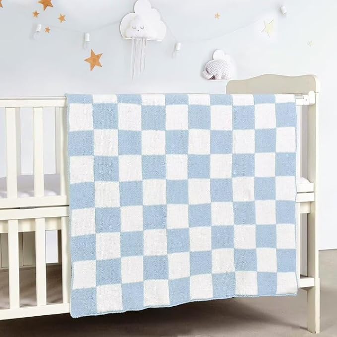 CREVENT 2Pcs 30''X40'' Cute Cozy Fluffy Warm Baby Blankets for Infants Toddlers' Bedding Crib Cot Stroller - Grey Cloud + Knit Checked Blue