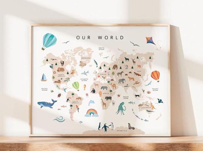 OZCONO Animal World Map Poster, Kids Educational Geography Decor, Safari Animals Nursery Art, Montessori Learning Wall Print (Unframed) (27x40)