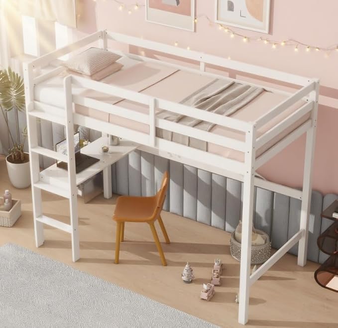 Bellemave Twin Loft Bed with Desk,Loft Bed for Kids, Boys, Girls,Wooden Loft Be Frame with Desk and Ladder, White
