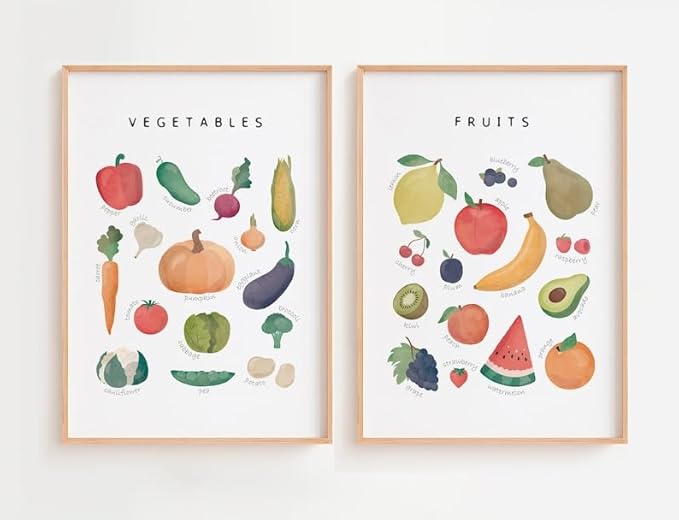 OZCONO Vegetables and Fruits Educational Posters, Harvest Chart Kids, Classroom Decor, Rainbow Nursery Wall Art, Homeschool Education Guide (Unframed) (9x11)