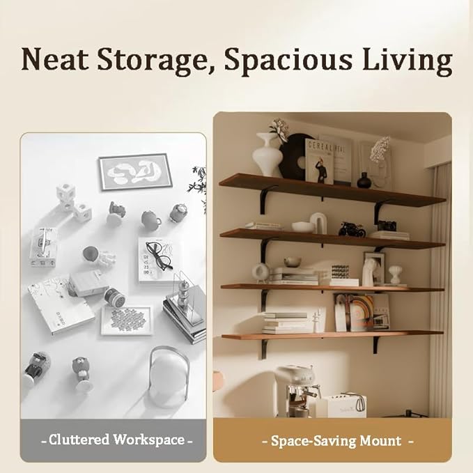 12x60 Inch Rustic Wood Floating Shelves 4-Pack - Farmhouse Brown Wall Shelves with 100 lbs Capacity, Easy Installation for Living Room, Kitchen, Bathroom (Brown, 4T60IN)