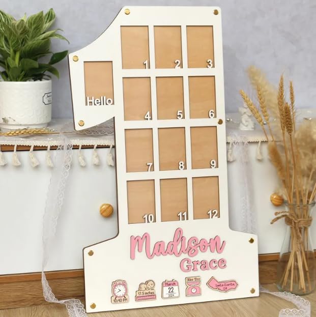 My First Year Photo Frame | Wooden Picture Display, Custom 1 Year Old Birthday Photo Board, Personalized Picture Frame Gift