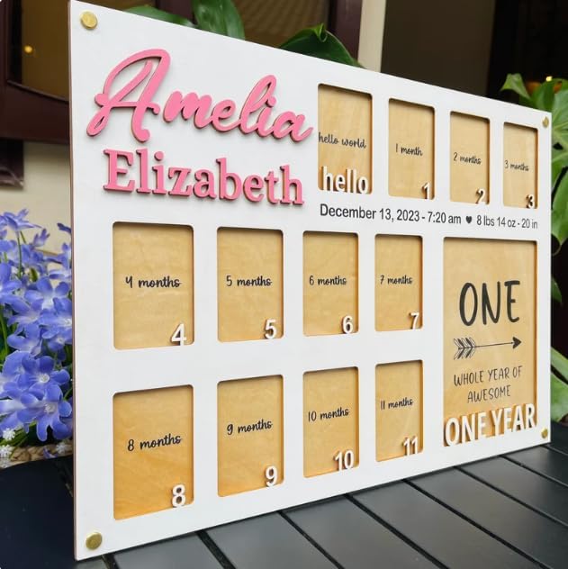 Personalized 1st Birthday Picture Frame – Wooden My First Year Photo Board for Baby Girl, Custom Picture Frame Keepsake, One Year Old Birthday Decorations, Photo Display Board