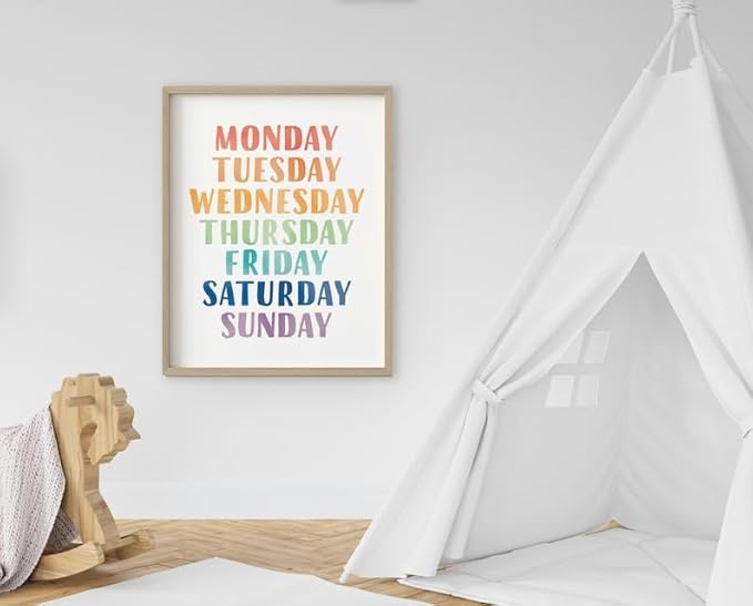 OZCONO Rainbow Days Week Poster, Colorful Learning Chart Kids, Preschool Wall Decor Art, Homeschool Education Guide (Unframed) (20x30)