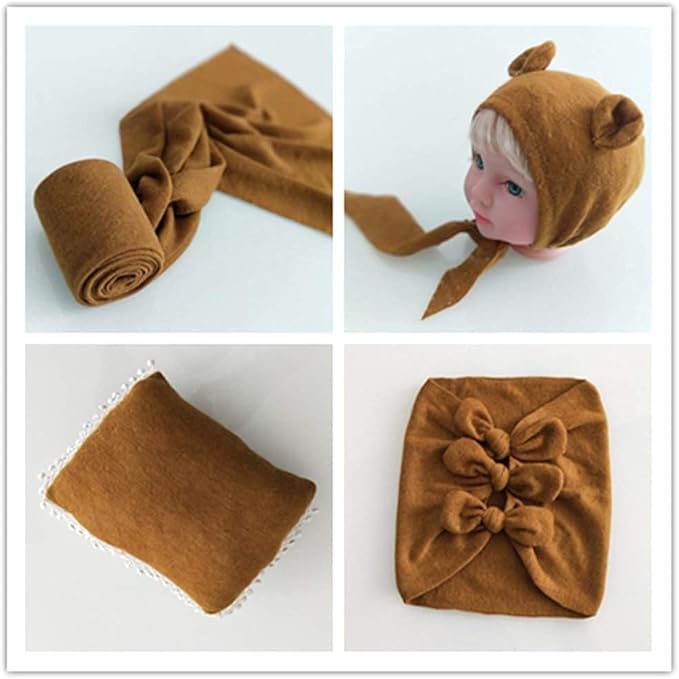 Vemonllas Newborn Baby Boy Girl Photography Props Bow Wrap, Posing Aid, Hat and Blanket Set of 4 Pcs