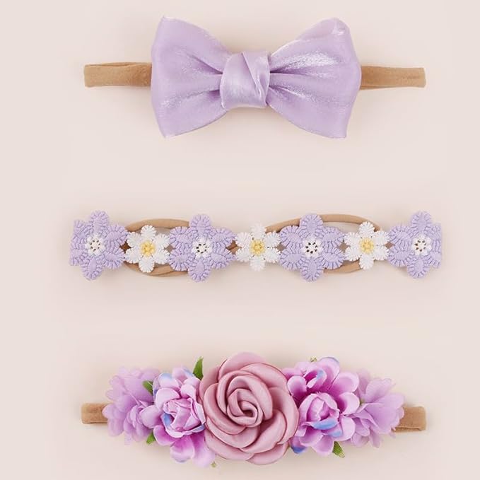 cherrboll Baby Girl Nylon Headbands, 3Pcs Handmade Floral Hair Bows, Stretchy Flower Hairbands for Newborns Infants Toddlers
