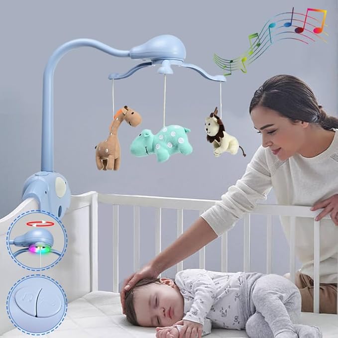 Pack and Play Crib Mobile for Boys or Girls,Light Blue Bassinet Mobile with Music,Rotation,Nursy Lights,Natural Sounds,Timer Function,Starlight Projection