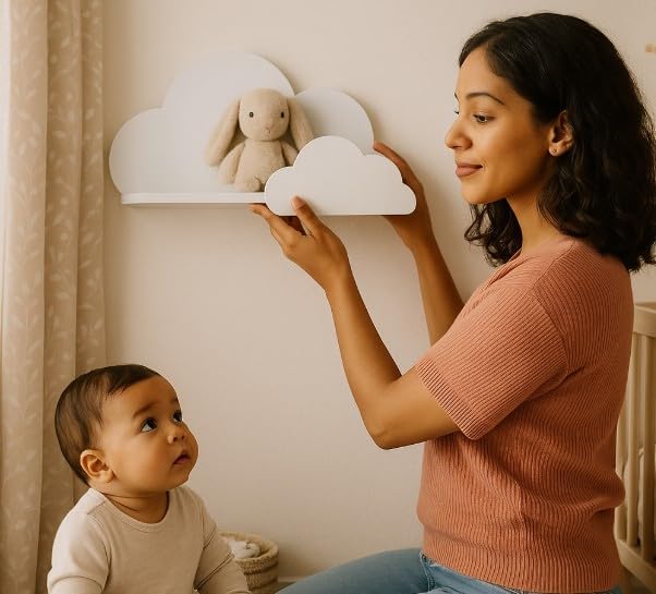 BugyBagy Cloud Wall Shelf – Decorative Wooden Floating Shelf for Nursery, Kids Room – Multiple Colors & Light Options (White Cloud Shelf – No Light)