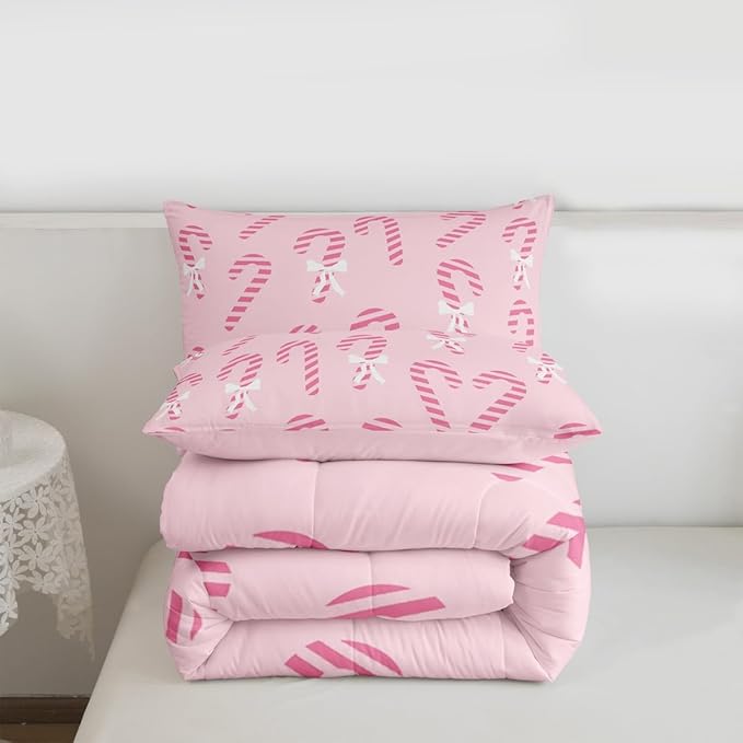 Feelyou Merry Christmas Comforter Set Queen Size Pink Candy Cane Bedding Set for Kids Boys Girls Bow Duvet Quilt Bedroom Decor Microfiber 3 Pcs with 2 Pillow Cases