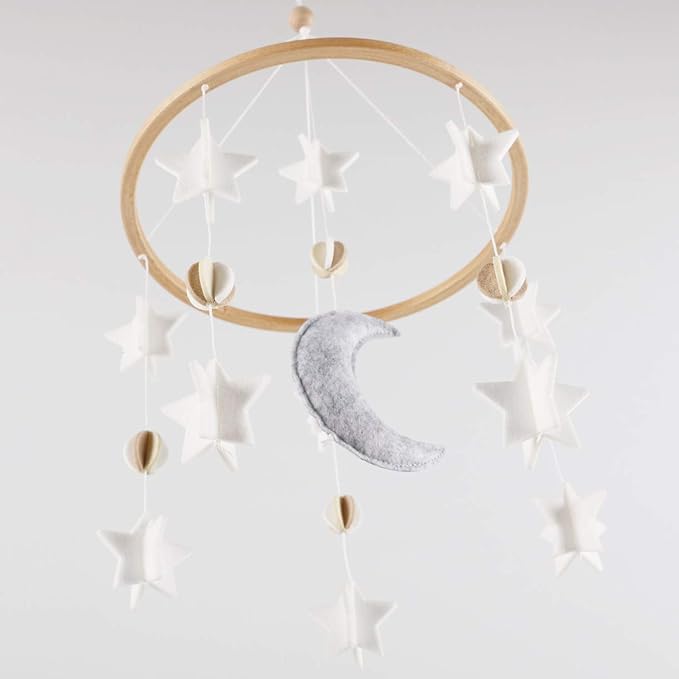 Sorrel + Fern Baby Crib Mobile - Moon & Stars (Grey, White & Cream) - Nursery Decoration - Unisex