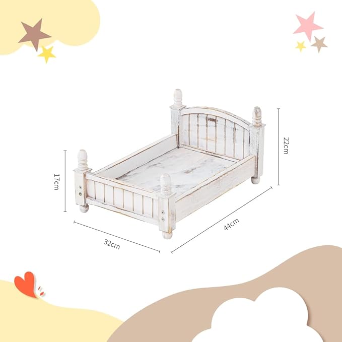 Kate Newborn Photography Props Retro Wooden Bed Posing Props Photoshoot Vintage Doll Bed with Mattress Pillow Bed Mat and Green Stretch Wrap for Baby Photography