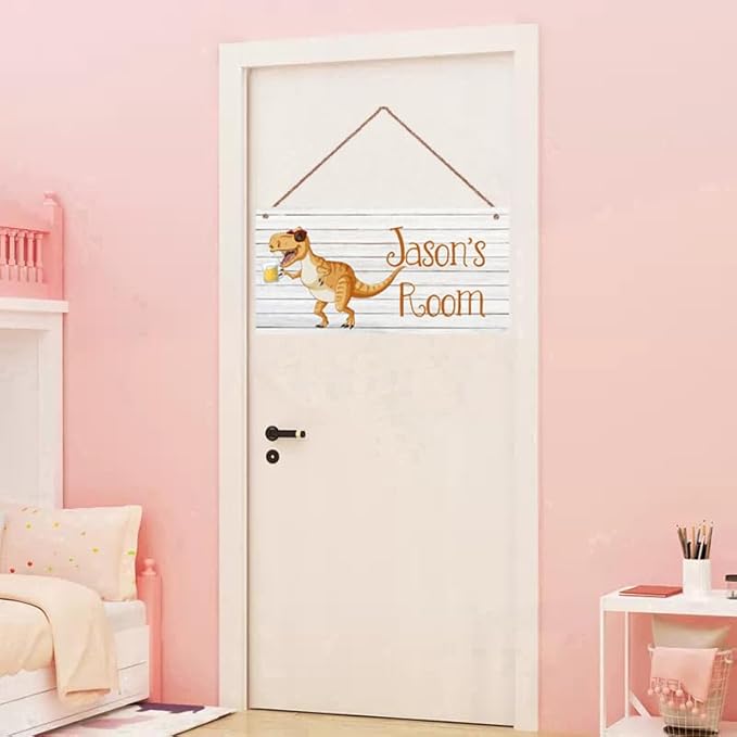 Personalized Sign Cute Dinosaur Sign Cartoon Art Décor For Kids Room Custom Name Door Wall Decor, Floral Nursery Art Plate For Boys Room Girls Bedroom Little Man Cave