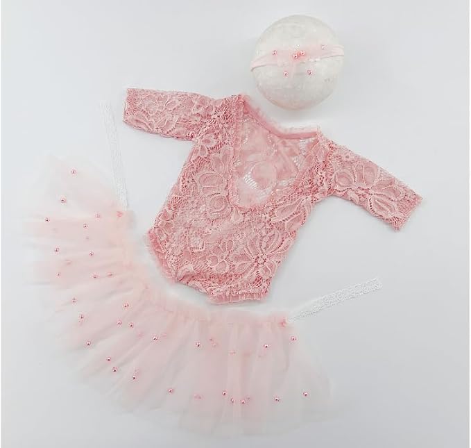 Newborn Lace Romper, 2 PCS Baby Girl Photography Props, Newborn Girl Photography Outfits with Flower Headband for Infants