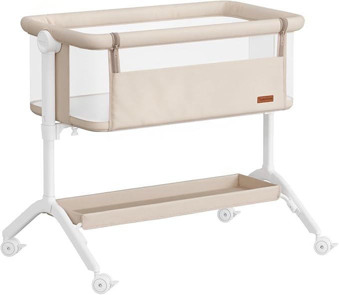 Bassinet Bedside Sleeper - All-Mesh Design, Portable Bedside Bassinet for Baby with Washable Mattress, 5 Adjustable Heights（Beige）
