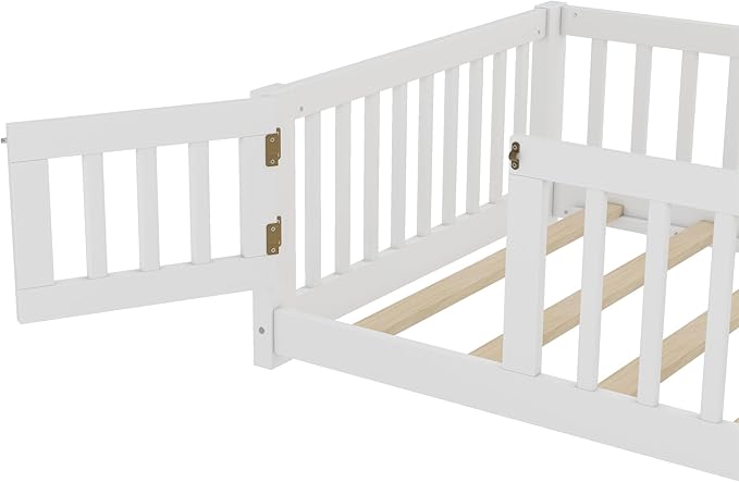 Bellemave Twin Size Floor Bed Frame with Fence and Door for Kids, Montessori Floor Bed with Slats and Safety Guardrails,Solid Wood Twin Bed Frame for Girls Boys,White