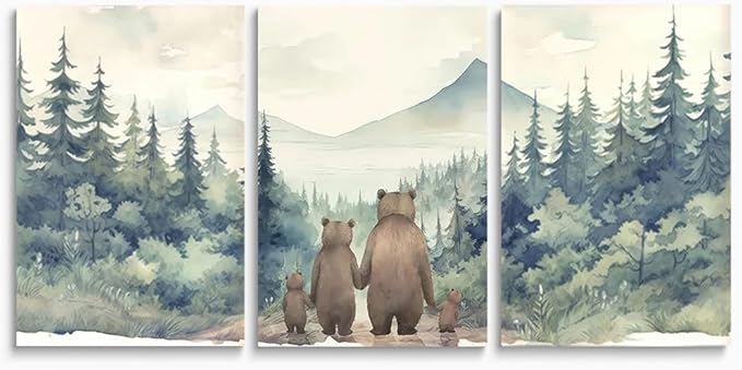 Rustic Bear Family Nursery Decor, Forest Animals Woodland Wall Decor, Love of A Family of Four, Set of 3 Canvas Prints, Landscape Bear Wall Art for Boy's Room Decor, Framed 12"x16"x3