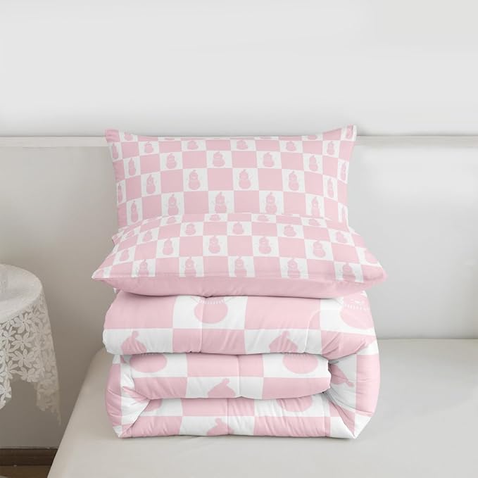 Feelyou Christmas Comforter Set Toddler Size Checkered Bedding Set for Kids Boys Girls Snowman Duvet Quilt Xmas Decorations Bedroom Decor Pink Microfiber 2 Pcs with 1 Pillow Cases Soft Lightweight