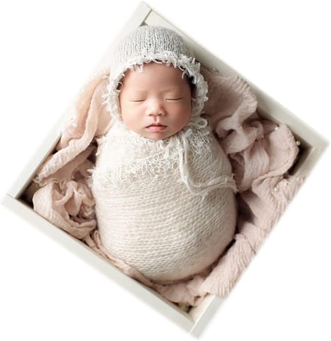 Vemonllas Newborn Infant Baby Boys Girls Photography Props Mohair Lace Hat and Wrap Blanket Cloth (White)