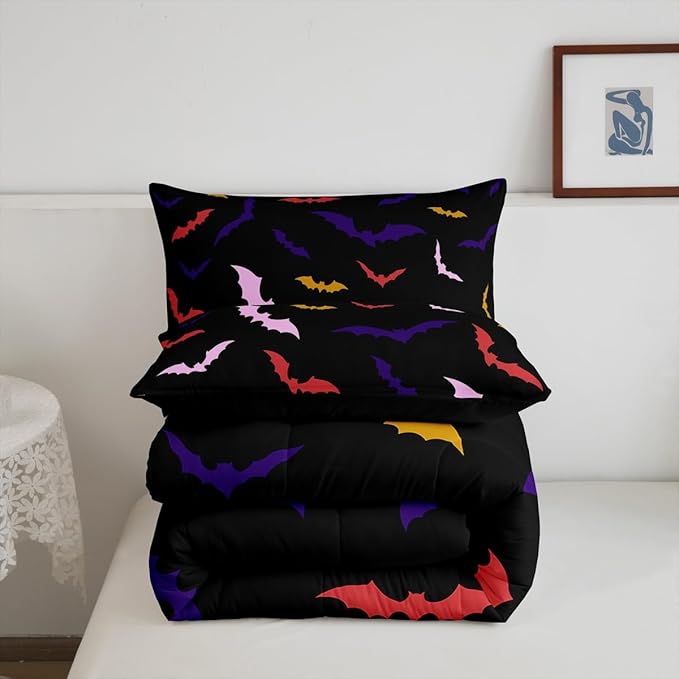 Erosebridal Bat Bedding Set Twin Size for Kids Children Happy Halloween Comforter Set Flying Bat Quilt Gothic Spooky Down Comforter with 1 Pillow Case,Purple and Pink