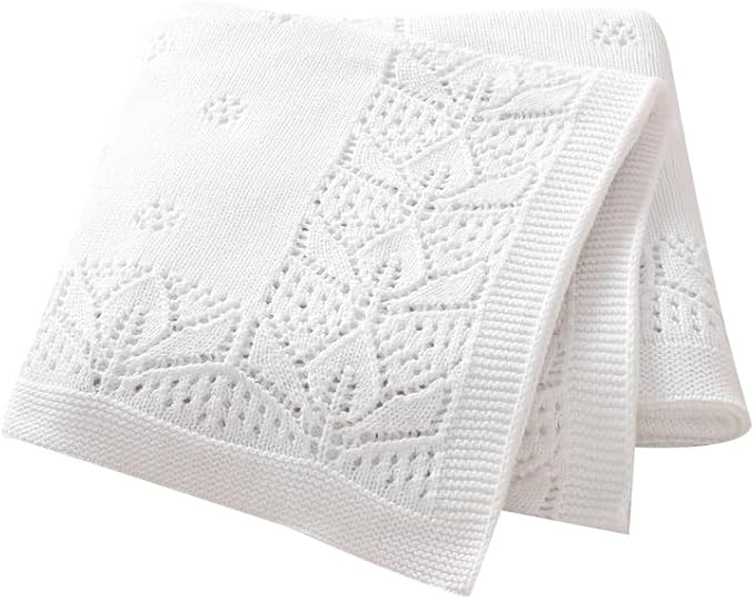 LAWKUL Cellular Blanket Baby 100% Cotton Knitted Soft Knit Crochet Blankets for Newborn Boy Girls Infants White 100x80cm