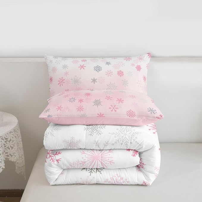 Feelyou Pink Snowflake Comforter Set King, Glitter Snowflake Comforter for Boys Girls Winter Theme Bedding Set Winter Holiday Duvet Set Decorative 3Pcs