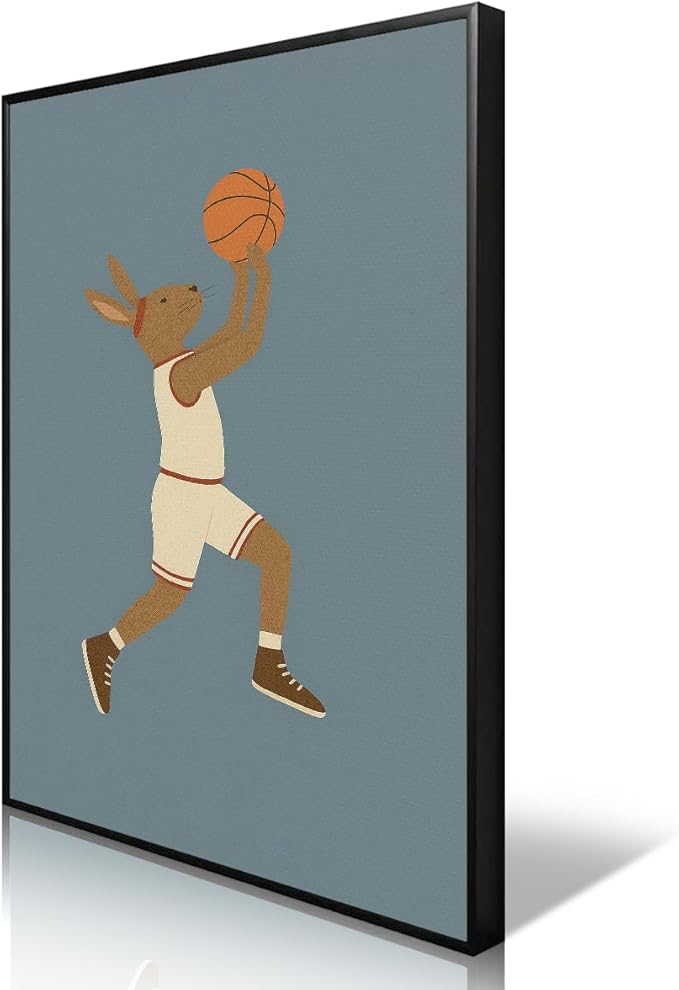 Basketball Canvas Wall Art, Nursery Animal Sports Posters, Bunny Rabbit Athletes Pictures, Positive Quote Print, Kids Bedroom Basketball Court & Hoop Decor 16x24in Unframed