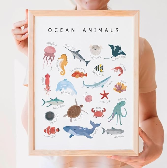 OZCONO Ocean Animals Learning Poster, Vibrant Sea Life Chart Kids, Preschool Wall Decor Art, Homeschool Education Guide (Unframed) (24x36)
