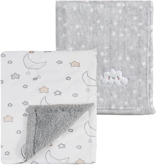 CREVENT 2Pcs 30''X40'' Cute Cozy Fluffy Warm Baby Blankets for Infants Toddlers' Bedding Crib Cot Stroller - Grey Cloud + Minky Night