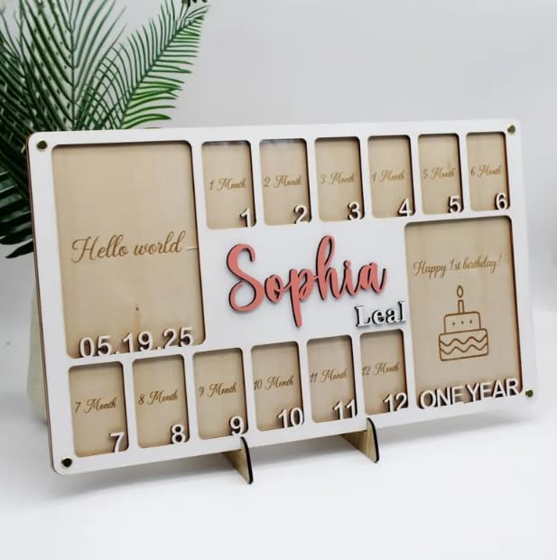 Custom My First Year Photo Frame – Wooden Baby Picture Frame for 1st Birthday Girl Gifts, Personalized Photo Display Board, One Year of Baby Picture Board, First Birthday Decorations