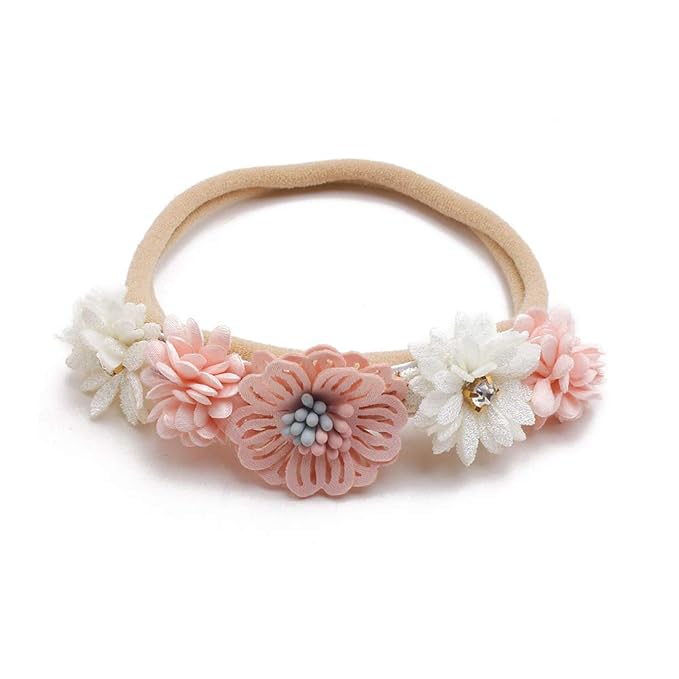 Baby Girl Nylon Headbands Flower Hair Bows Accessories-Elastic Hair Band Crown Handmade FLoral Wraps Birthday Gifts for Girls Newborn Infant Toddler 3Pcs