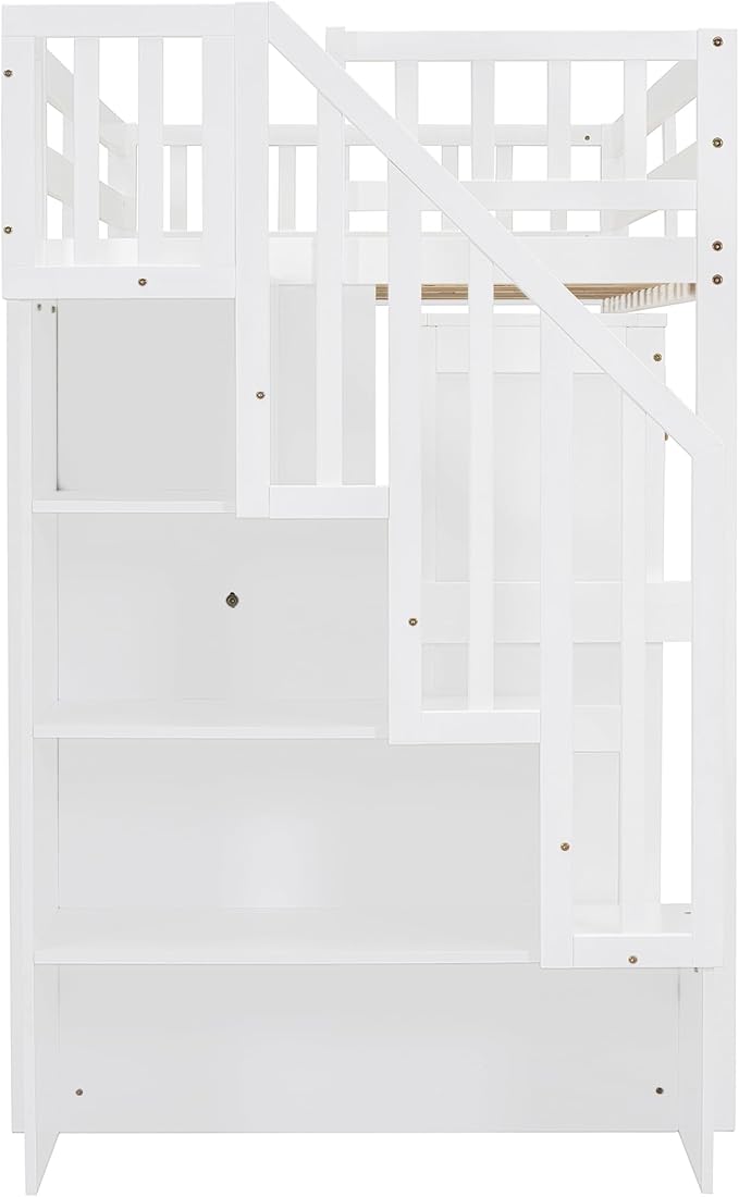 Merax Kids Twin Multifunction Loft Bed with Desk/Wardrobe, Wood Storage Loft Bed with Staircase, Bookshelf & Drawers, No Box Spring Needed, Space Saving, White