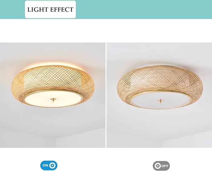 Bamboo Flush Mount Ceiling Light Handwoven Rattan Light Fixture, 3 Lights Boho Ceiling Lamp for Bedroom, Kitchen, Nursery (19-inch)