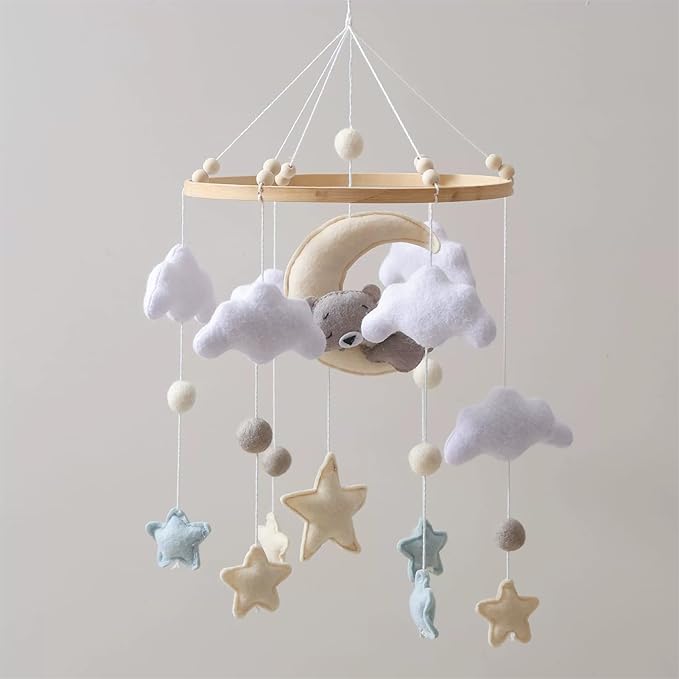 Baby Crib Mobile - Sleeping Bear Mobile for Crib, Felt Cloud Stars Nursery for Boys and Girls, Baby Nursery Hanging Decor (G)