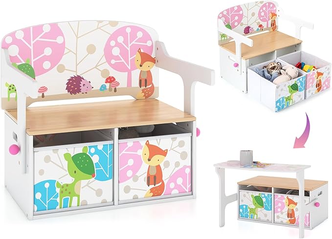 HONEY JOY Kids Table and Chair Set, 3-in-1 Convertible Wooden Toy Storage Bench with Handle, 2 Bins for Kids Reading Nook, Toddler Table and Chair Set for Daycare Playroom Classroom (White)